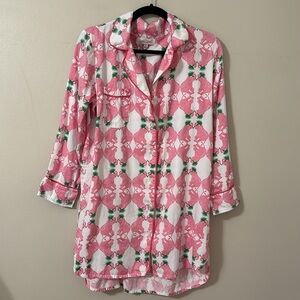 Jaye’s Studio Button Front Sleep Shirt Pink, White&Green Elephant Print Sz Small